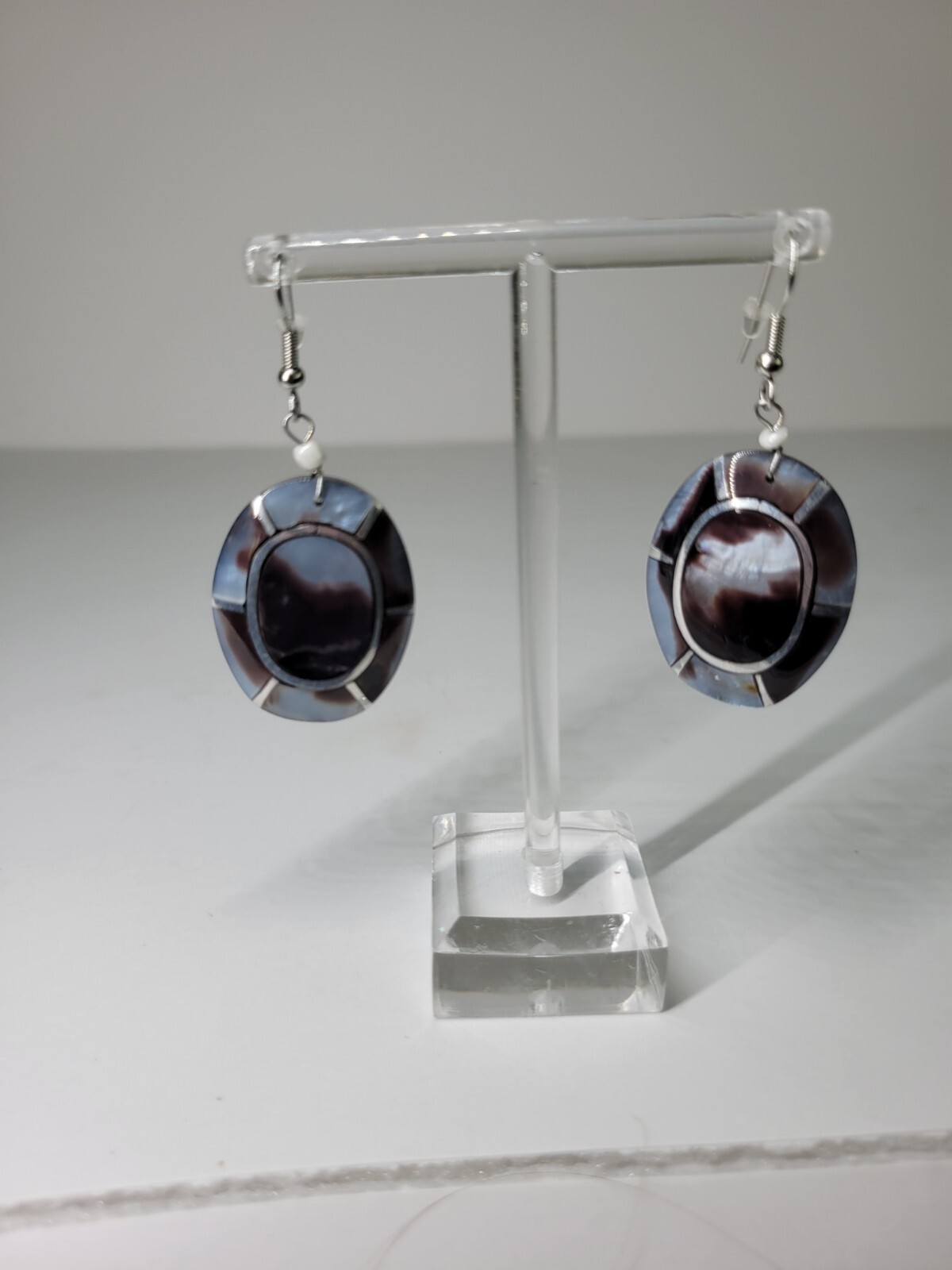 Shell and Metal Mosaic Acrylic Inlay Lee Sands Style Dangle Pierced Earrings