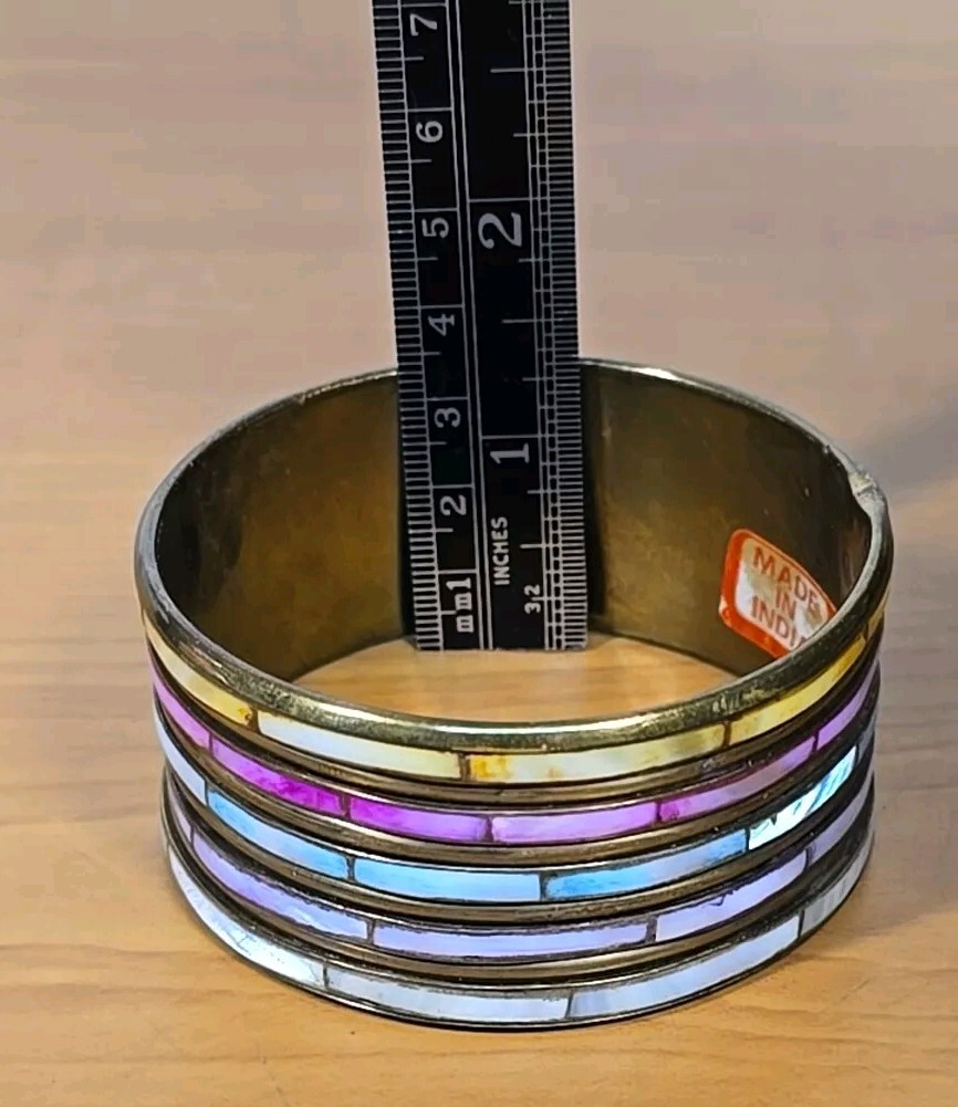 Vtg Brass Bangle Inlay Mother Of Pearl/Abalone Bracelet Multicolor 1.25″ W India