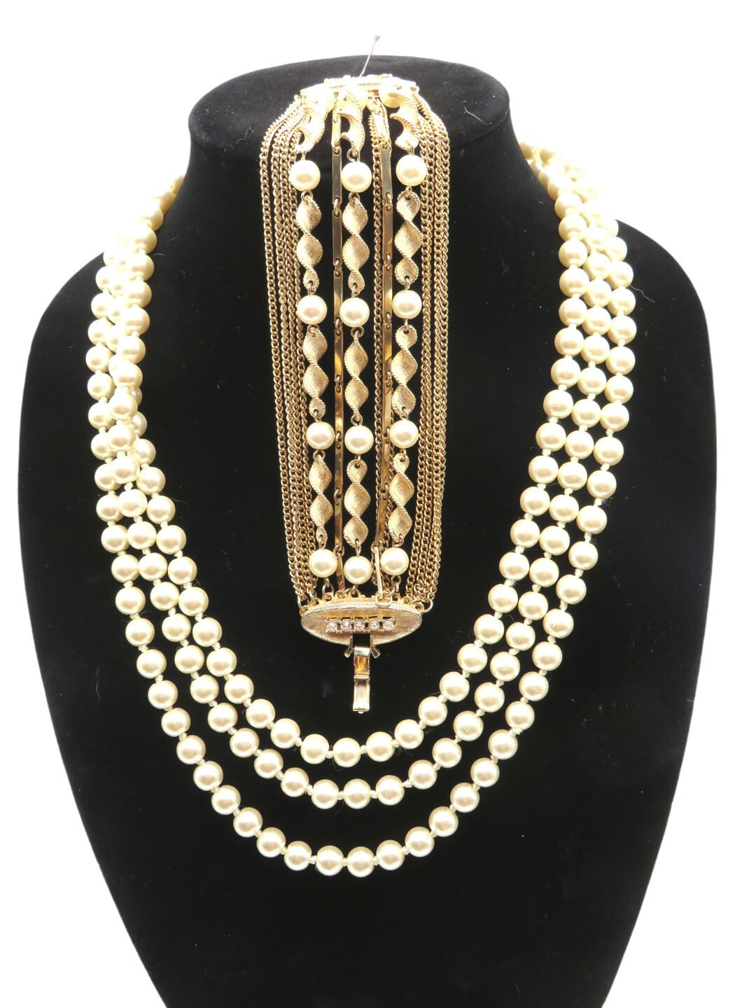 Vintage Wrap Around Necklace and Multi Strand Bracelet Faux Pearl Goldtone