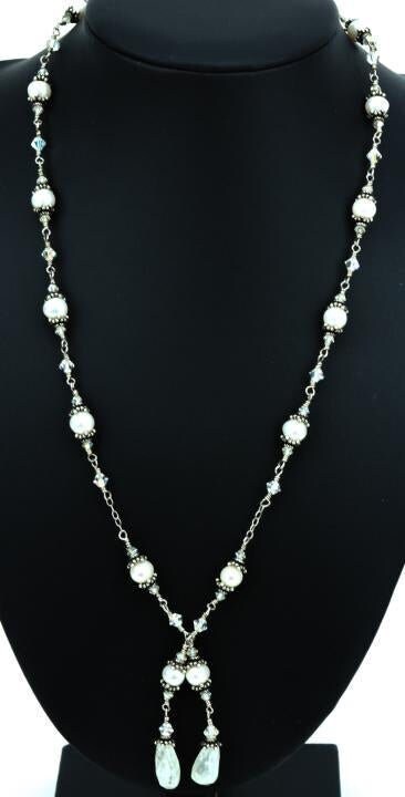 Sterling Silver Moonstone Pearl & Crystal Necklace 22 inches -Elegant!