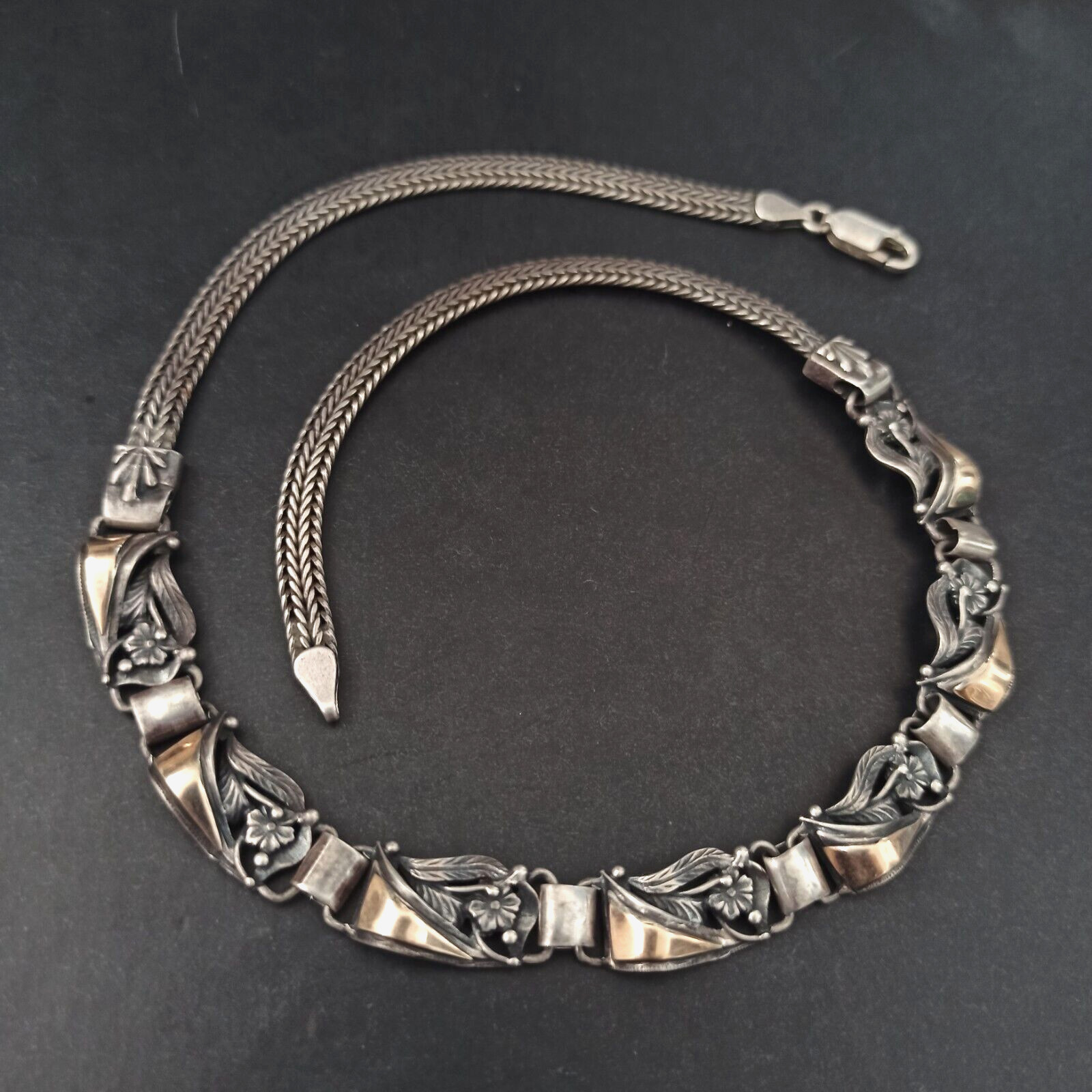 Vintage Silver Gold Necklace Bicolor Articulated Art Deco Revival Links 90s 925