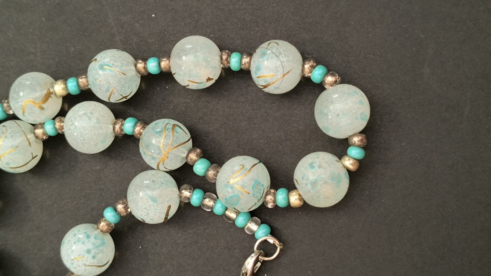 VTG Turquoise & Hand painted Glass Beads / 18″ Necklace, 1900s Venetian Murano