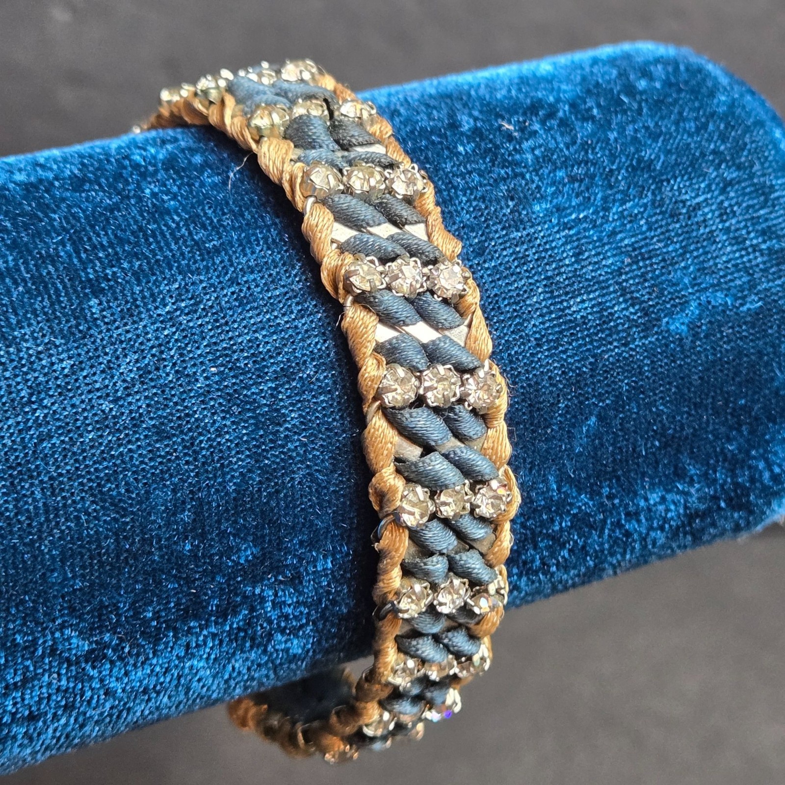 Vintage Woven Blue & Gold Adjustable Bracelet Rhinestone Accents Toggle Closure