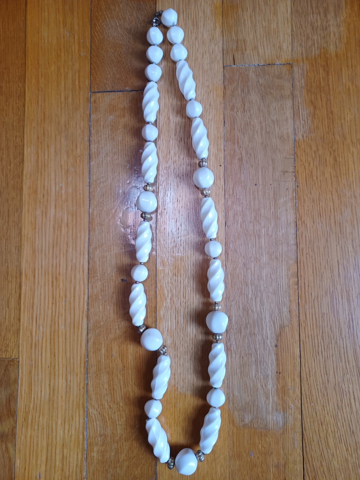 Stack of 3 Vintage 1960s White Brown Gold Bead Boho Hippie “Love Bead” Necklaces
