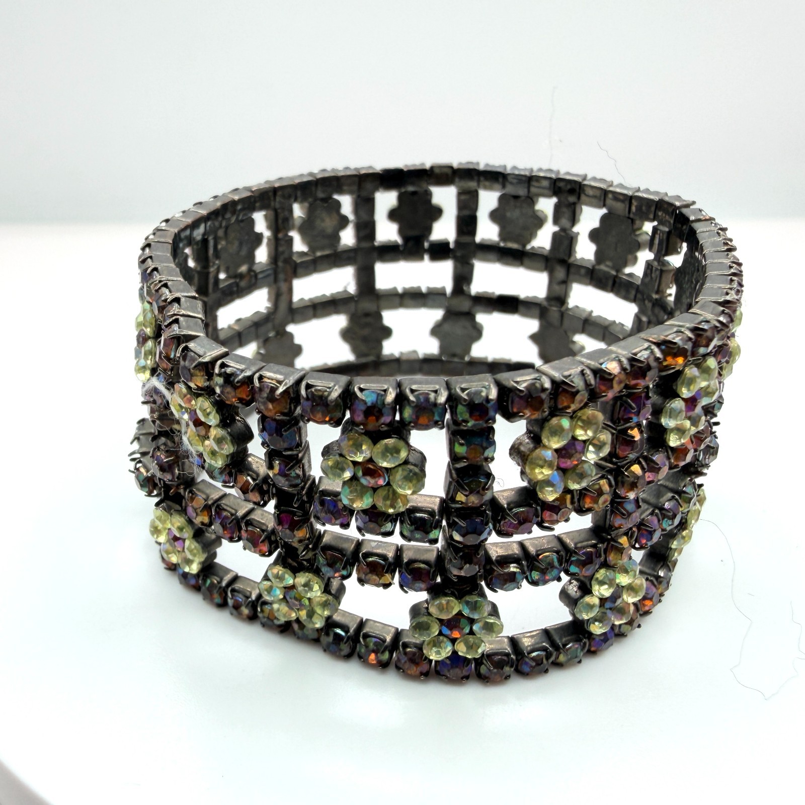 Vintage Gunmetal Rhinestone Cuff Bracelet Floral Grid Statement AB Y2K 90s Goth