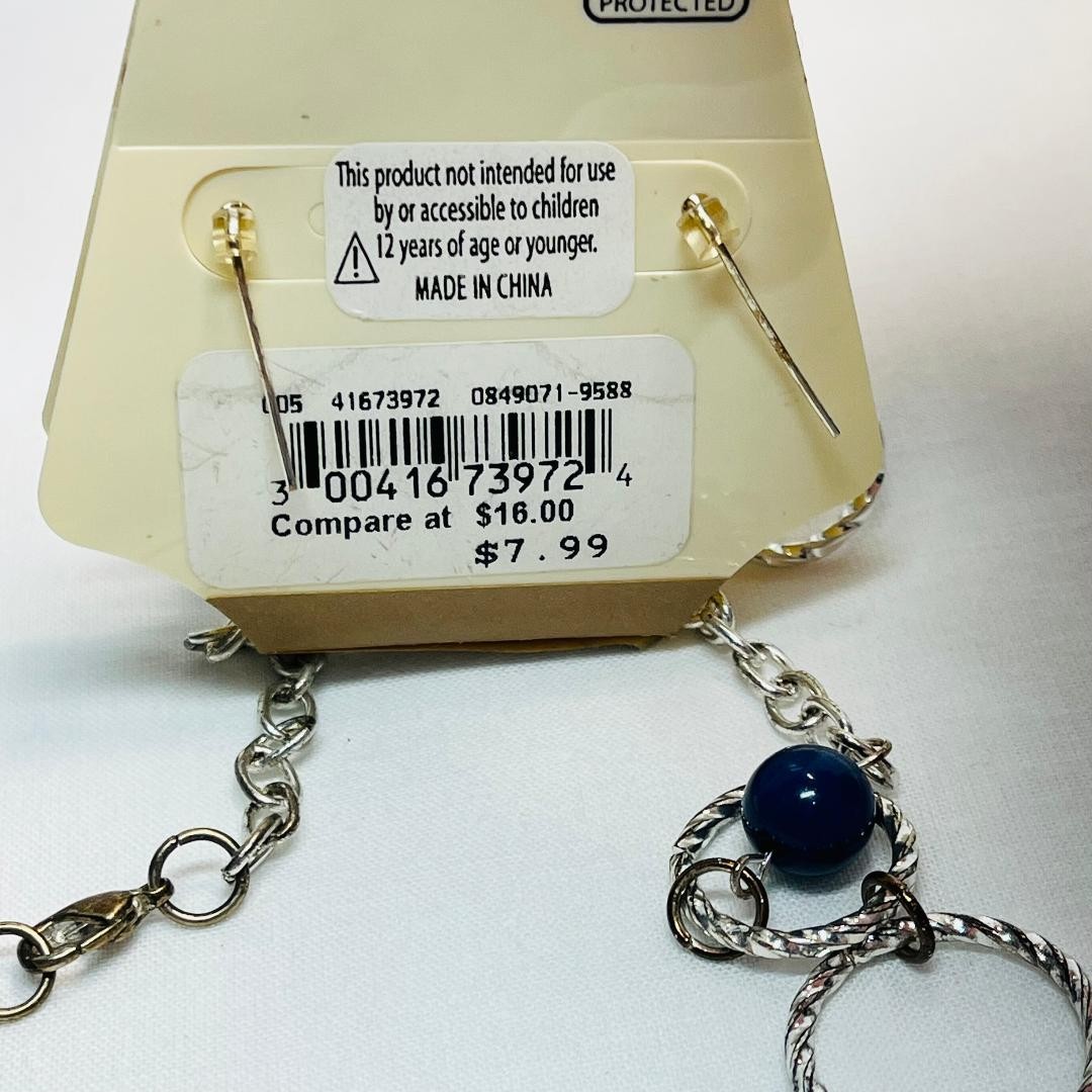 NEW Carole Silver-Toned Fish Hook Hoop Earrings Necklace Blue Beads Size Descrip