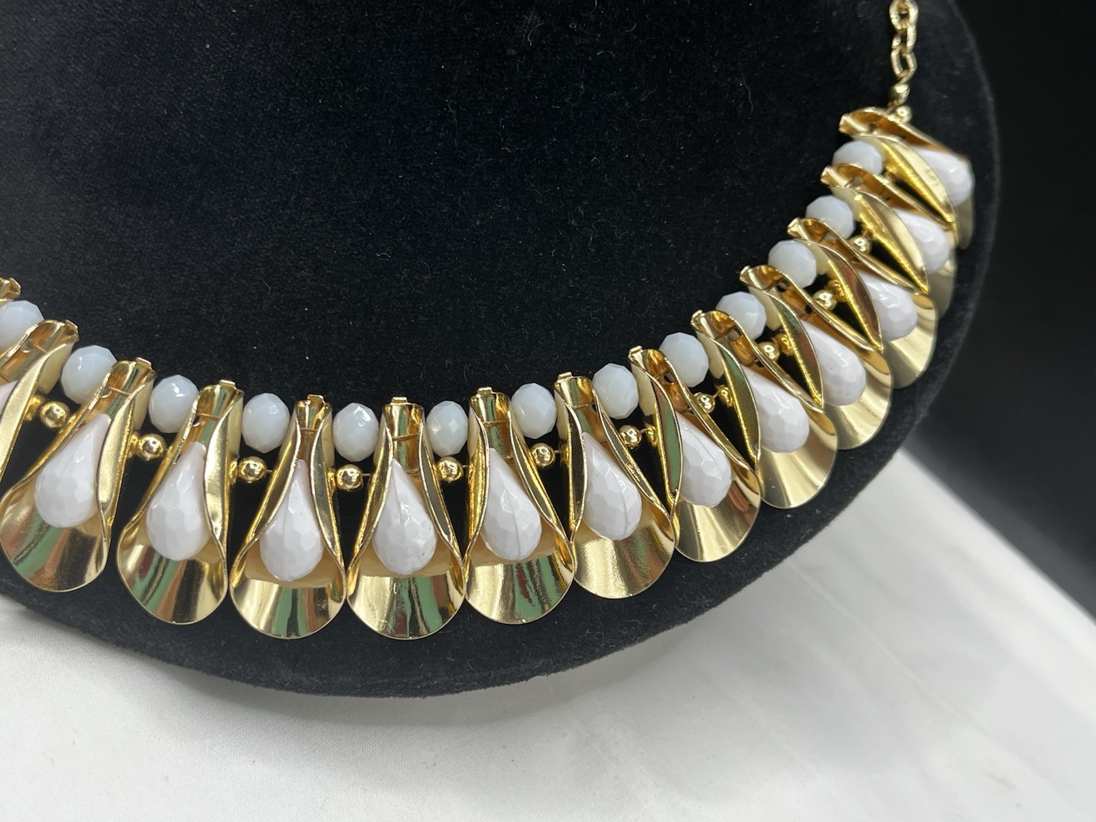 Miriam Haskell Faceted White Beaded Fluted Gold Tone Statement Collar Necklace