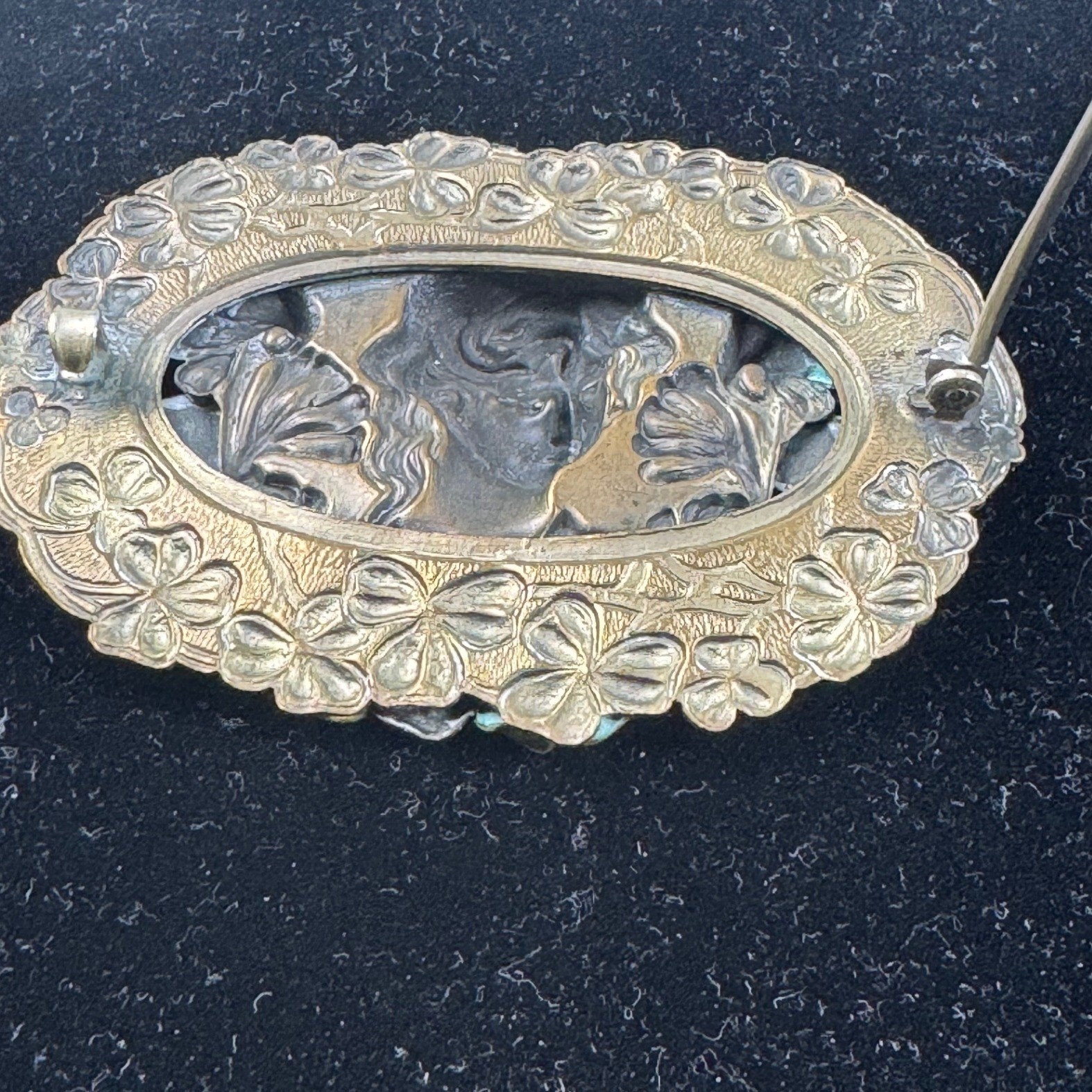 VTG Art Nouveau Revival Repousse Maiden Sash Pin Brooch Ginkgo Faux Turquoise