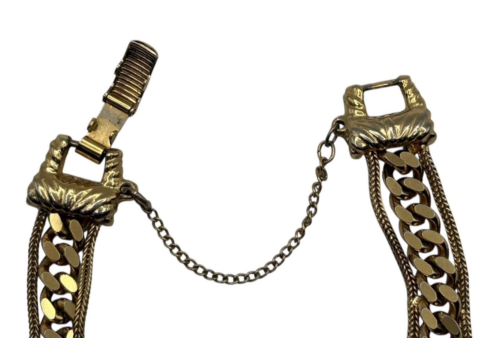 Goldette NY Gold Tone Bracelet 7″Cuban Chain Link Double Strand Safety Chain Vtg