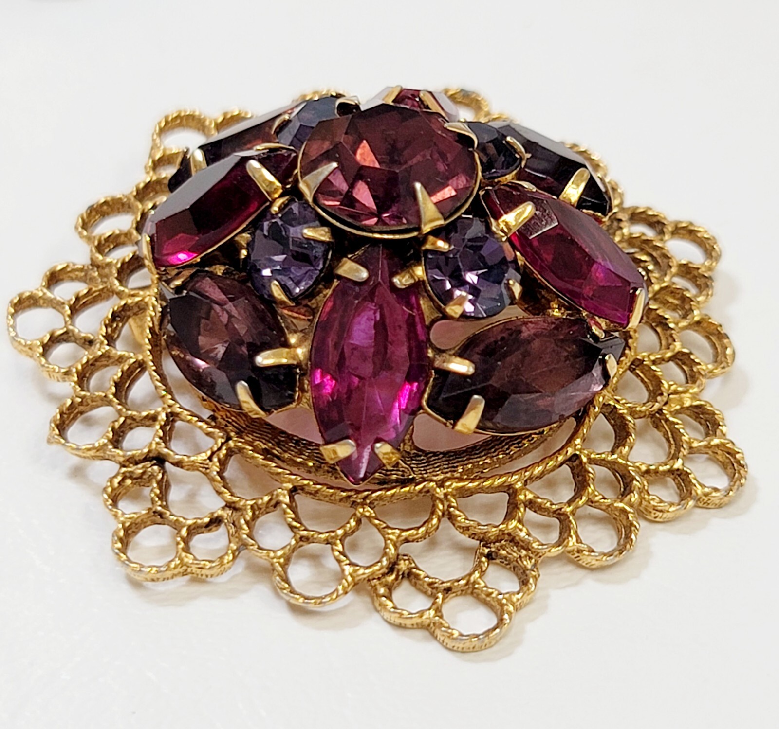 Vintage Fuschia Pink Purple Red Rhinestone Brooch & Earrings Floral Filigree