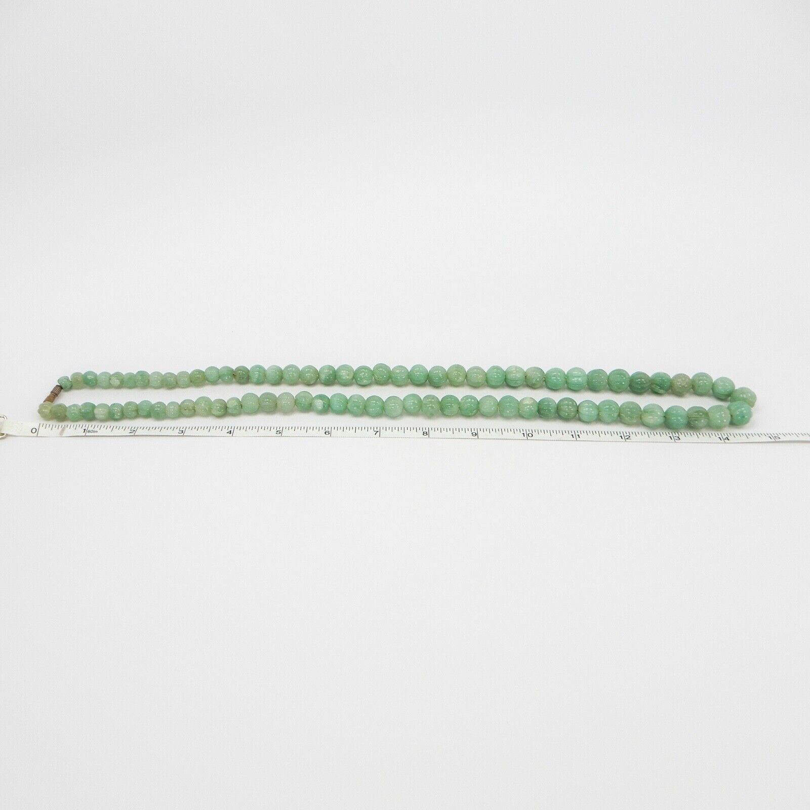 Carved Green Jade Graduated 12mm Pumpkin Bead Necklace 30” Barrel Clasp 124 gr