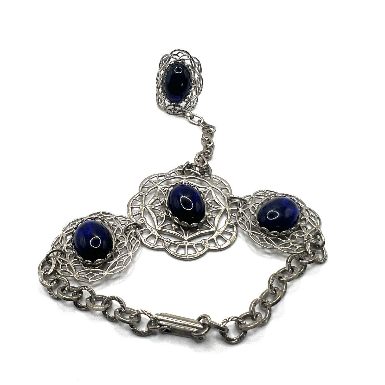 Adjustable Silver-Tone Filigree Blue Slave Ring Bracelet Gothic Boho