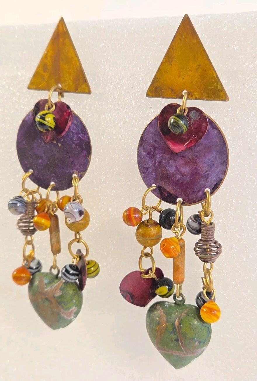 Vintage Boho Rustic Dangle Drop Post Earrings Mixed Metal Geometric Design – 4in