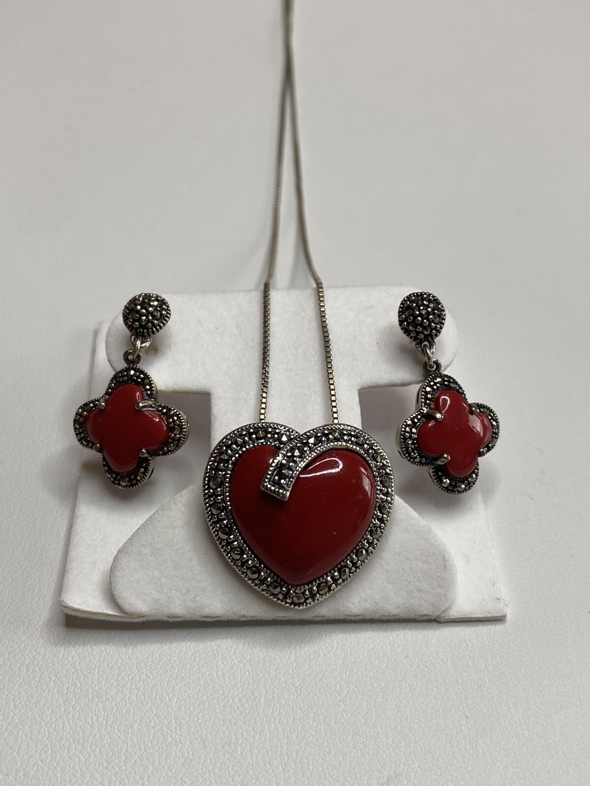 Vintage Sterling Coral Marcasite Heart & Earrings