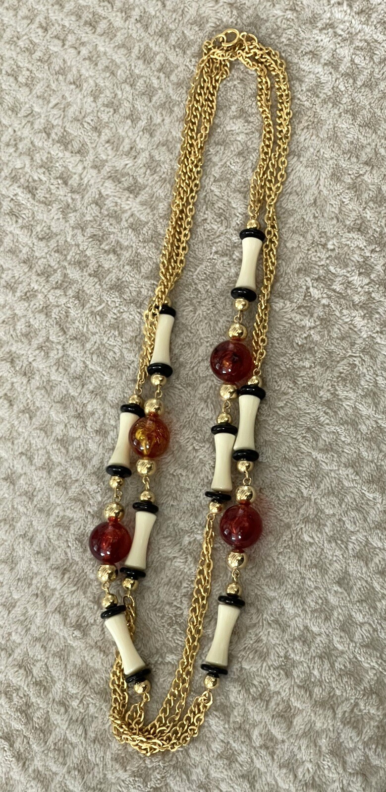 Vintage 24” Gold Tone Black, Cream & Amber Colored Beads Necklace