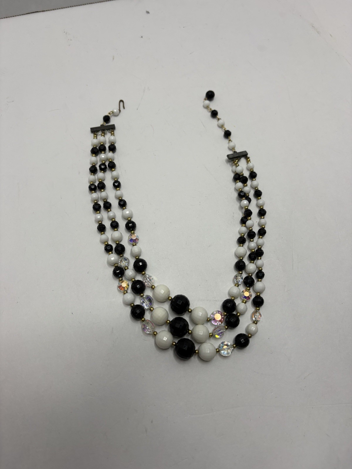 Beaded Necklace Vtg Triple Layered Black White Acrylic