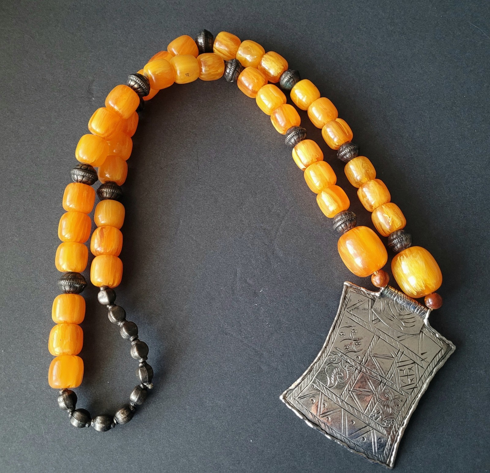 Vtg Pressed Amber Resin ? Prayer Beads Necklace Silverplate Pendant Moroccan