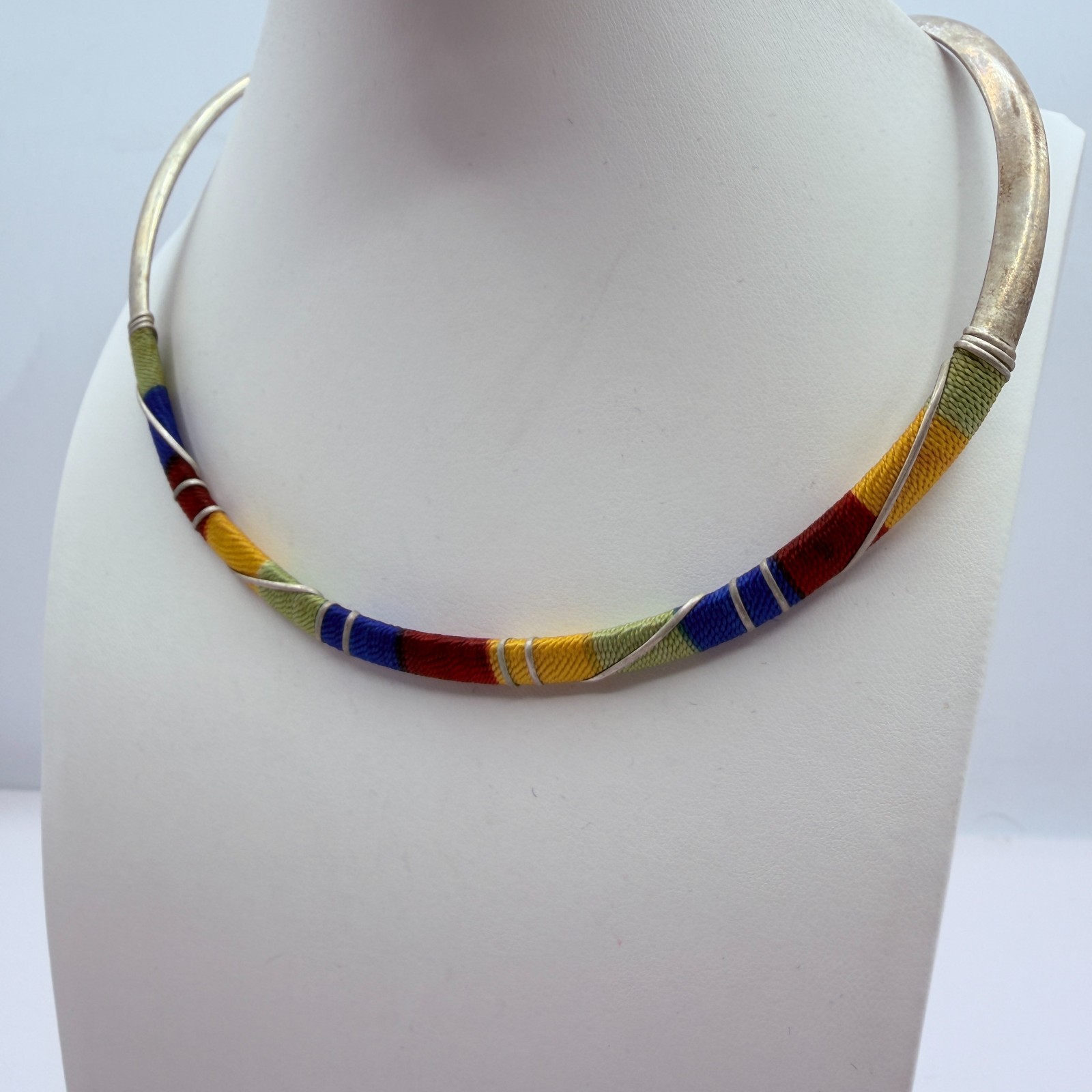 Vintage Silver Tone Thread Wrapped Jewelry Set Collar Necklace Cuff Hoop Earring