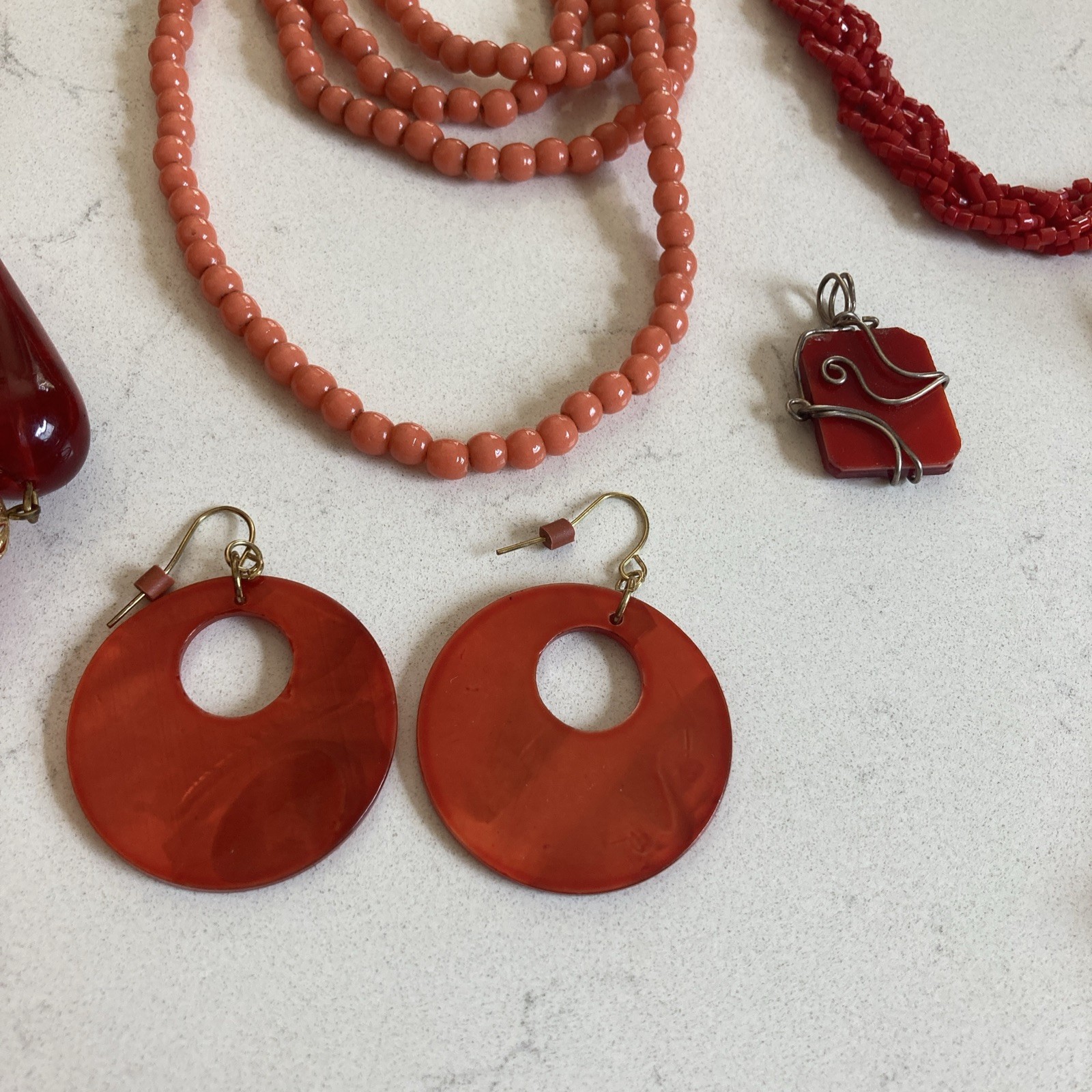 Vintage Red Orange Jewelry Lot Glass Bead Necklaces Earrings Sead Beads Pendant