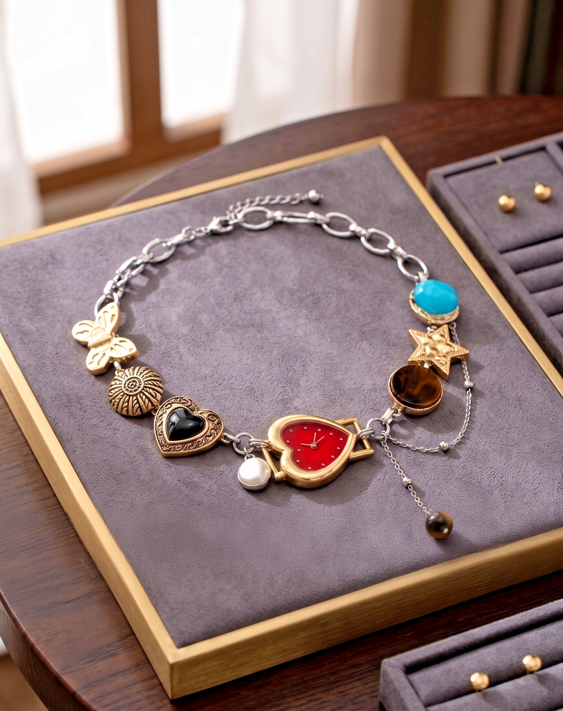 Vintage Gold Red Heart Shaped Faux Y2K Watch Choker Necklace