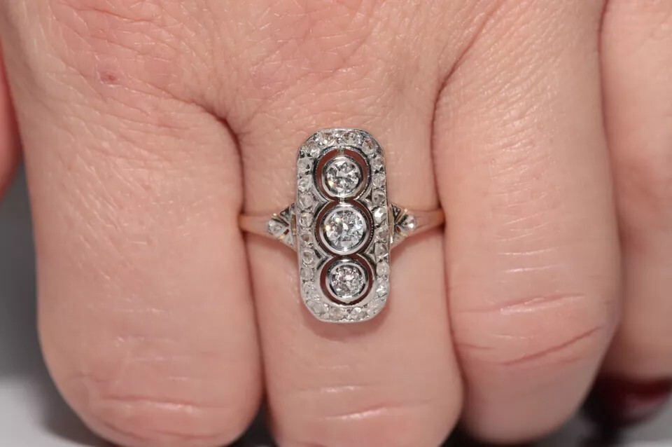 Antique Circa 1920s Art Deco 14k Gold Finish Lab Created Diamond Decorated Ring