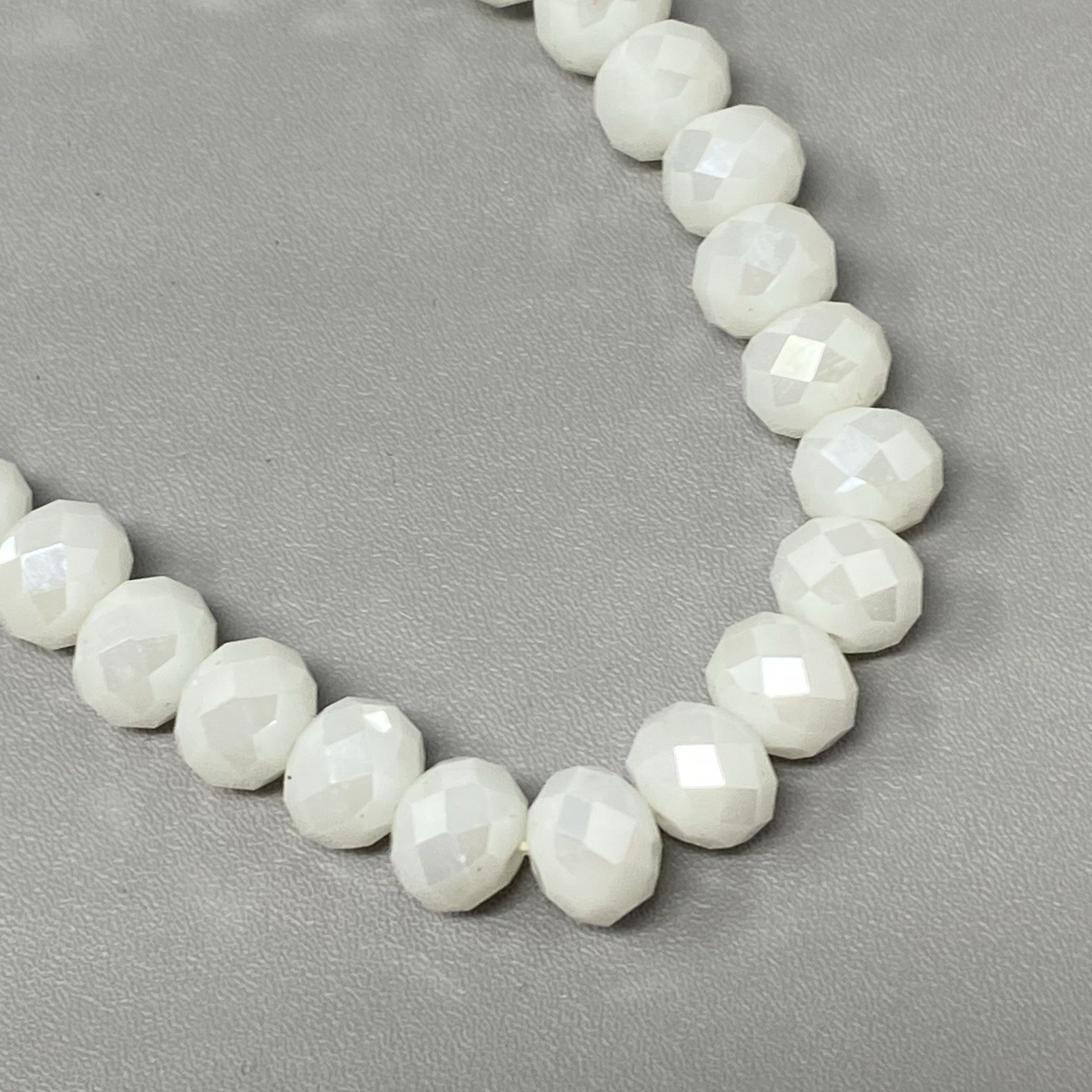White Glass Beaded Bracelet Faceted Fire Polished Simple Stretch Elastic 6.5″