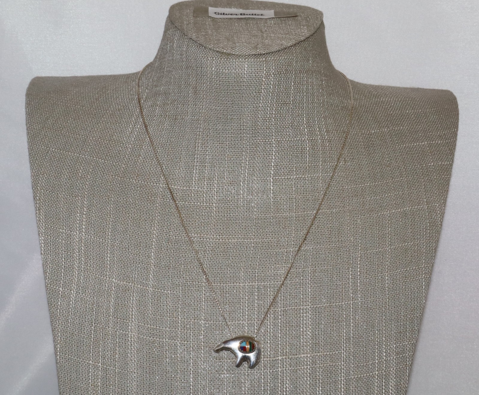 Vintage Sterling Silver Inlay Stone Fetish Bear Pendant Necklace 18″ Chain 6.4gm