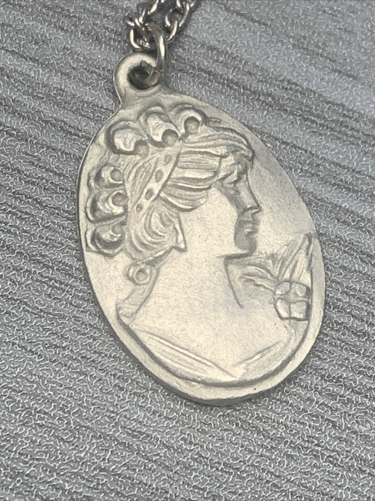 Vintage Pewter BDA First Cameo Hand Engraved Pendant Necklace 18”