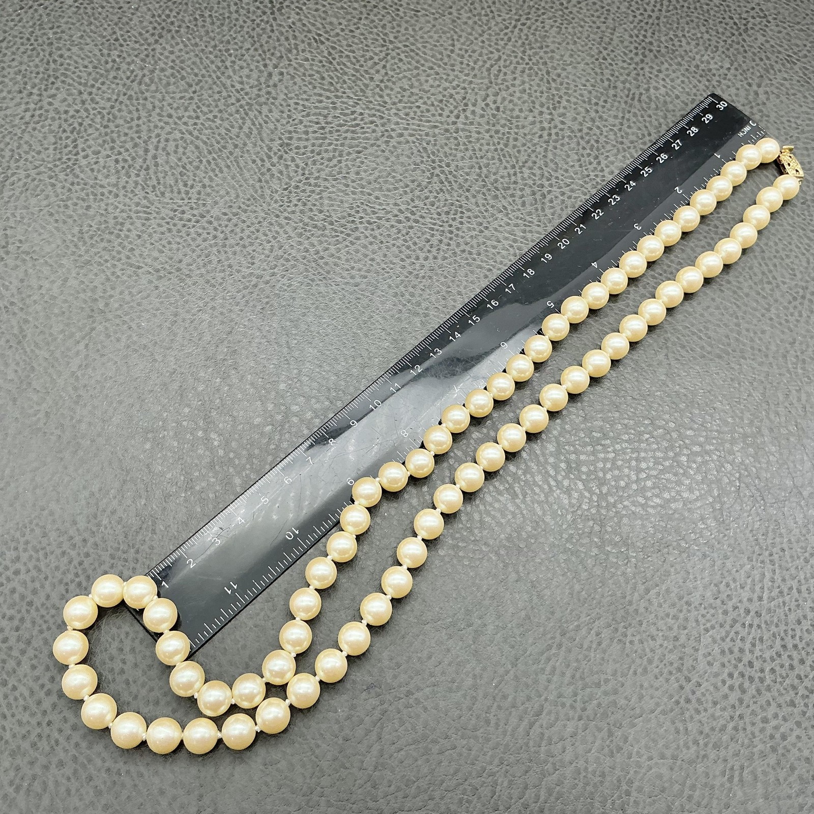 Vintage Monet Faux Pearl Beaded Necklace Gold Tone Knotted Ivory Strand 24 Inch