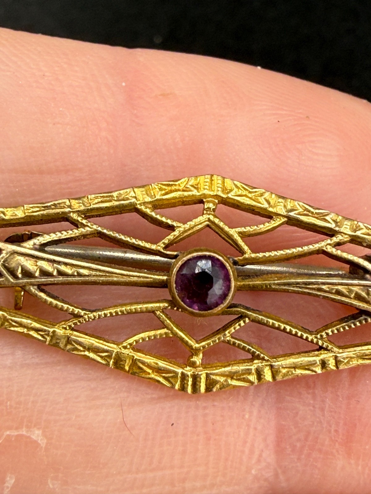 Vintage Gold Filled Filigree Brooch Rhinestone Purple