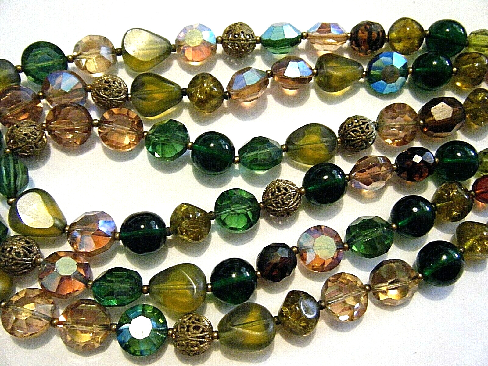 Vintage 1950s Triple Strand Collar Necklace AB Crystal Brass Filigree Art Glass