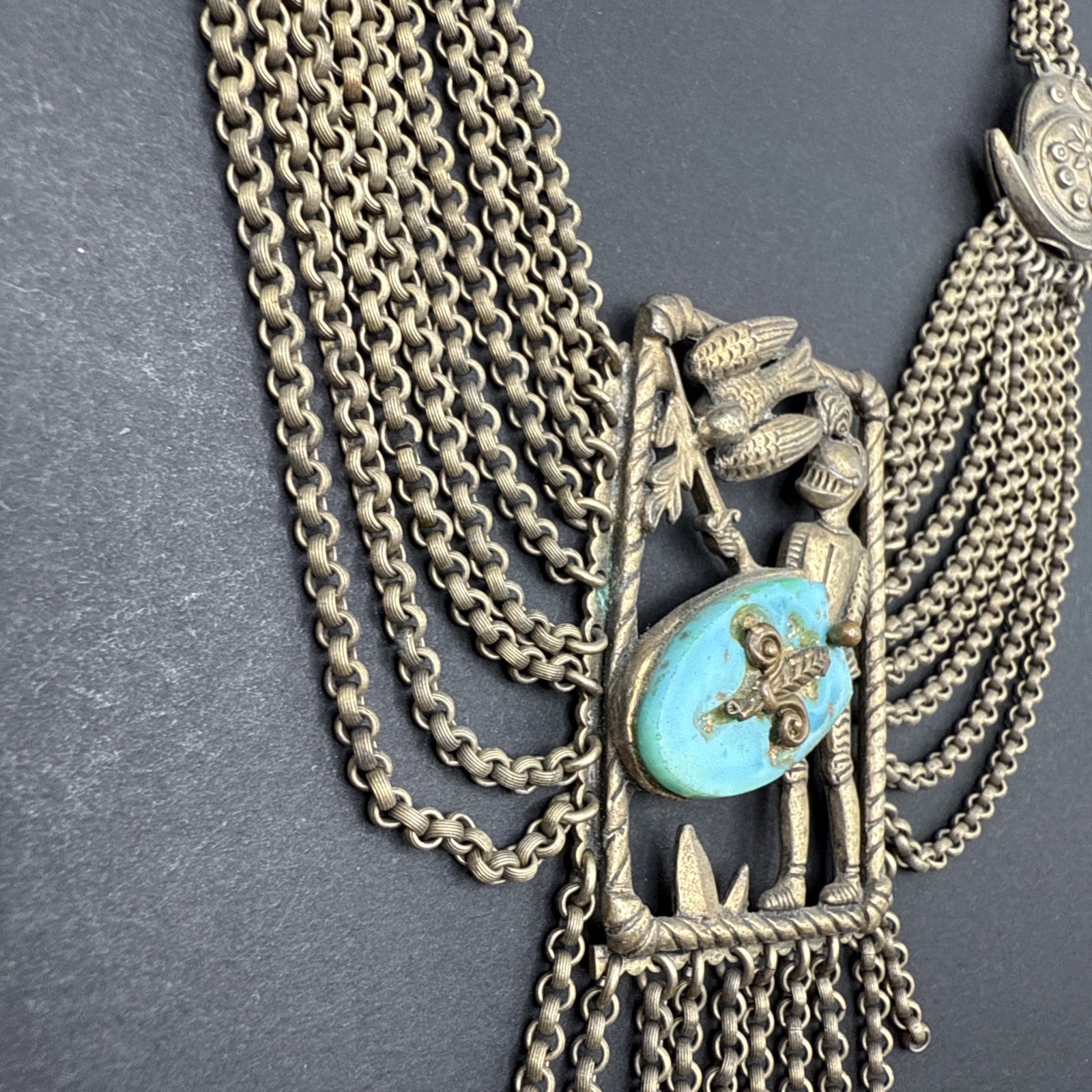 Vintage Knight Sword Shield Festoon Chain Gold Tone Necklace Triangle 15.5” J46