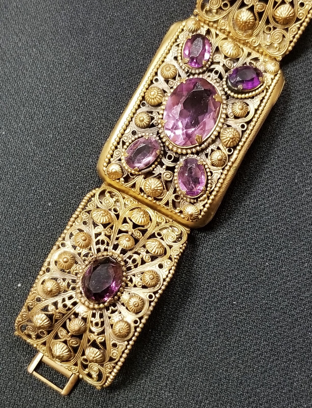 Georgian Style Czech Open Back Amethyst Cannetille Wire Work Panel Bracelet