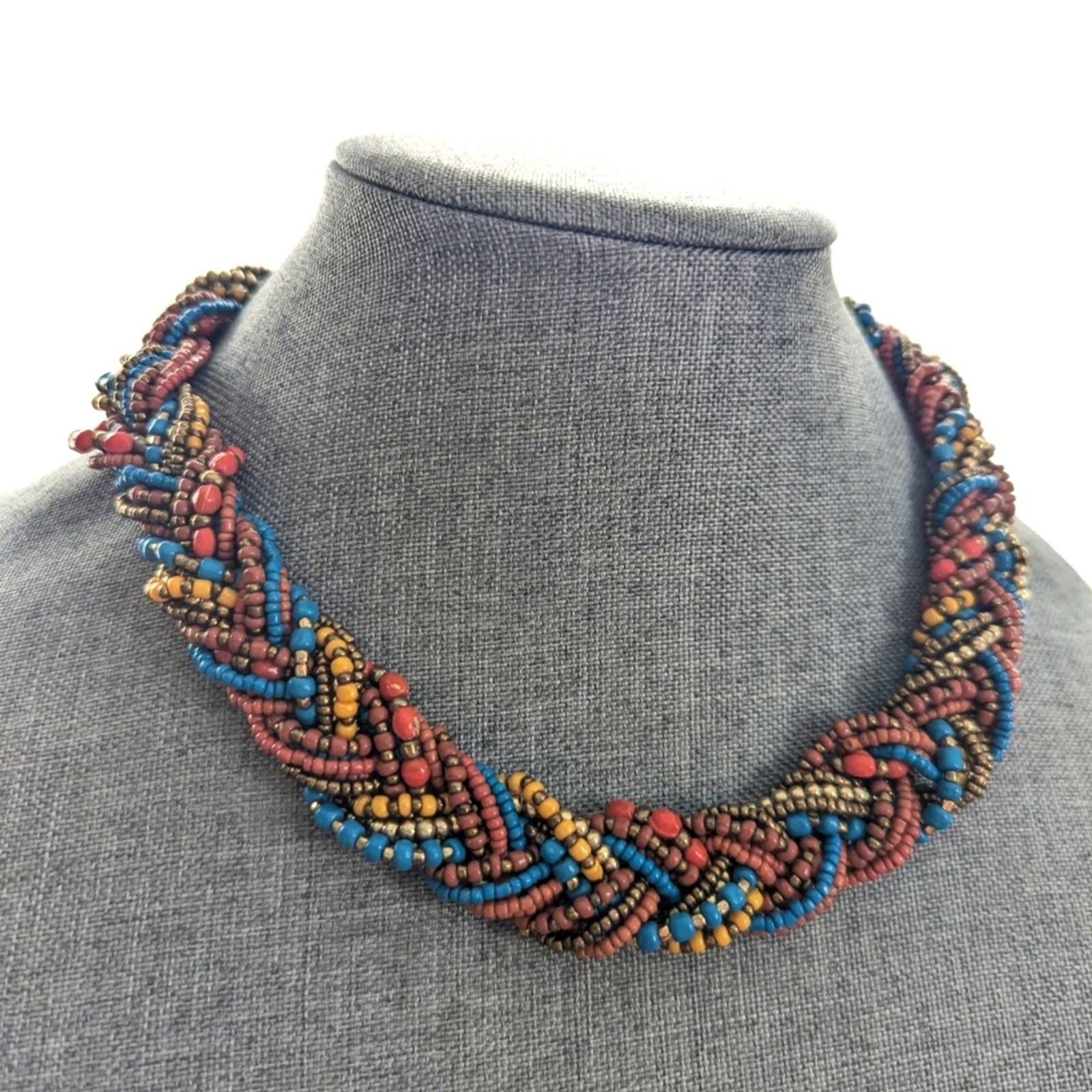 Bohemian Style Hippie Seed Bead Earth Tones Braided Collar Choker Necklace