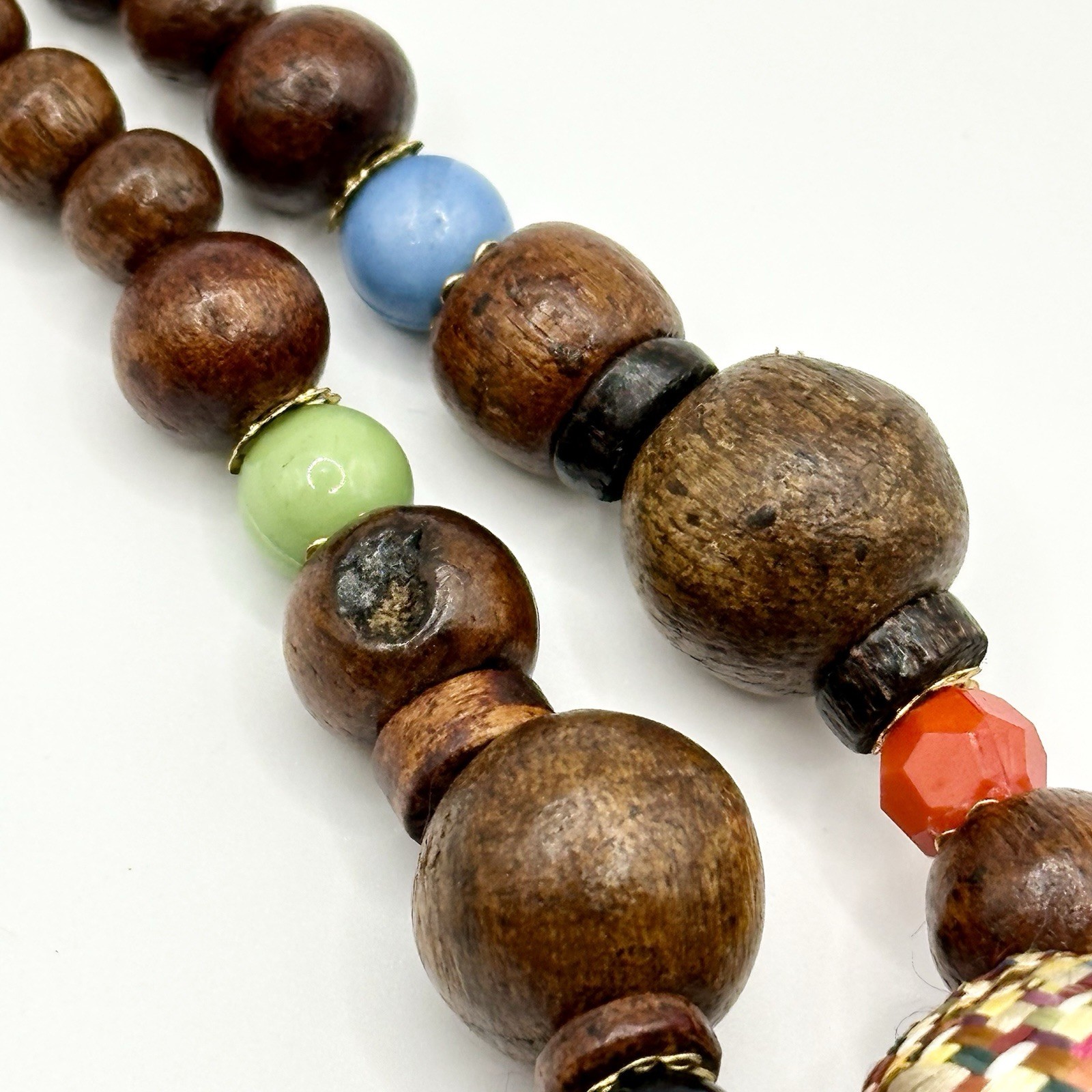 Vintage Multi-Color Boho Wood Statement Necklace Woven Bead 37”