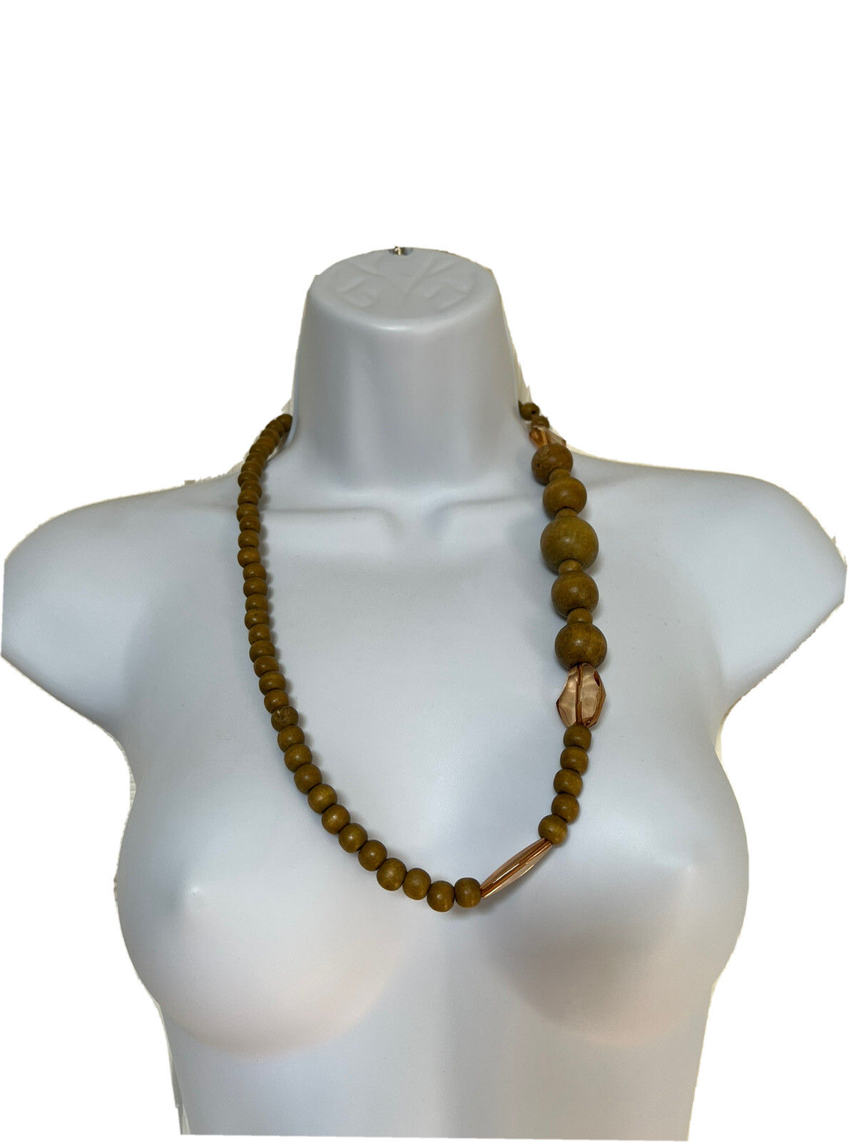 Vintage Light Color Wood and Brown Lucite Plastic Bead Necklace Hippie Boho 24″