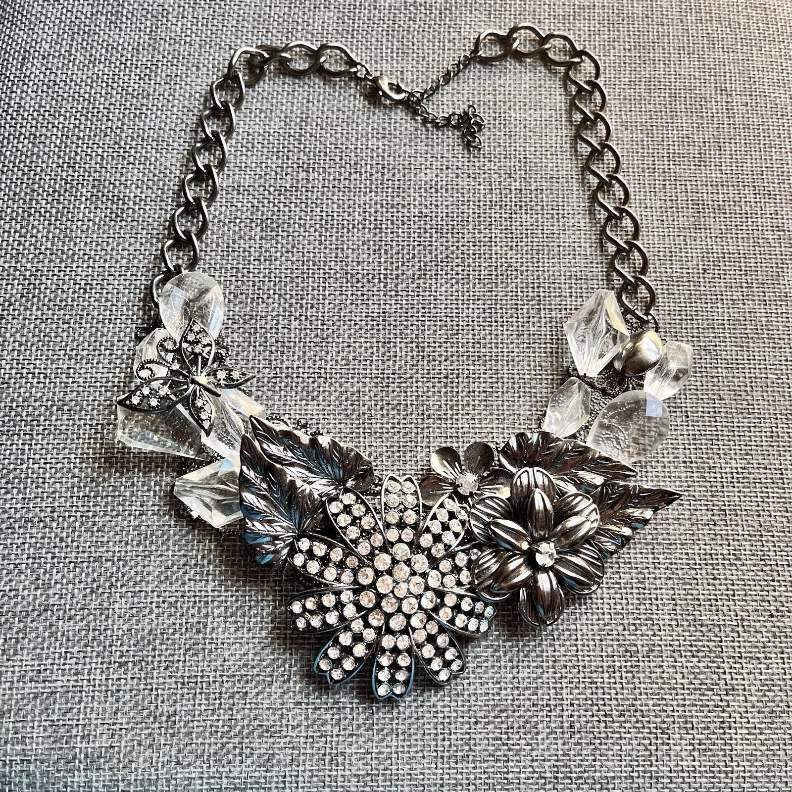 Goth Statement Necklace – Gunmetal & Crystal Floral Necklace – Chunky Necklace