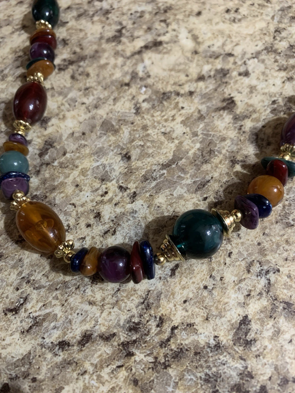 VTG Colorful Faux Stone Beaded Necklace with Gold Spacers Fall Colors