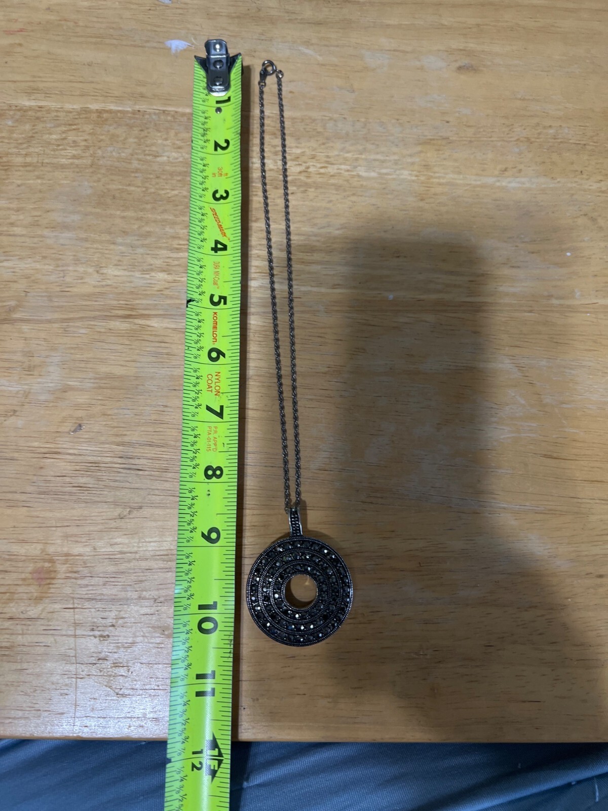 Vintage Black Circle Pendant Necklace With Rhinestones Silver-Tone Chain Gift