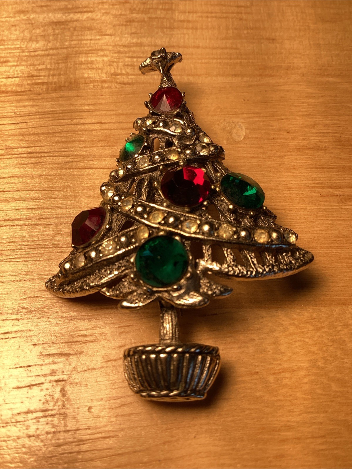 Vintage Christmas tree red green Stone brooch pin collectible jewelry