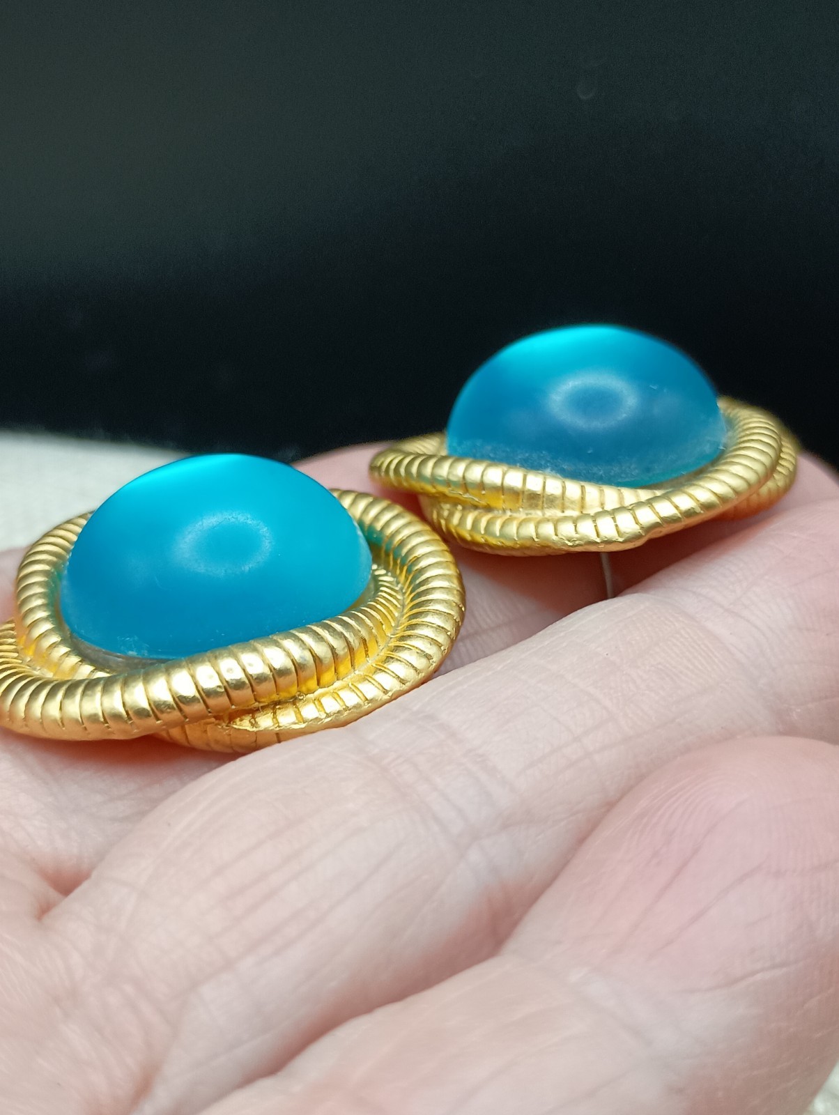 Vintage Aqua Blue Glass Cabochon Pierced Earrings Gripoix Gold Tone Rope 1.25 “
