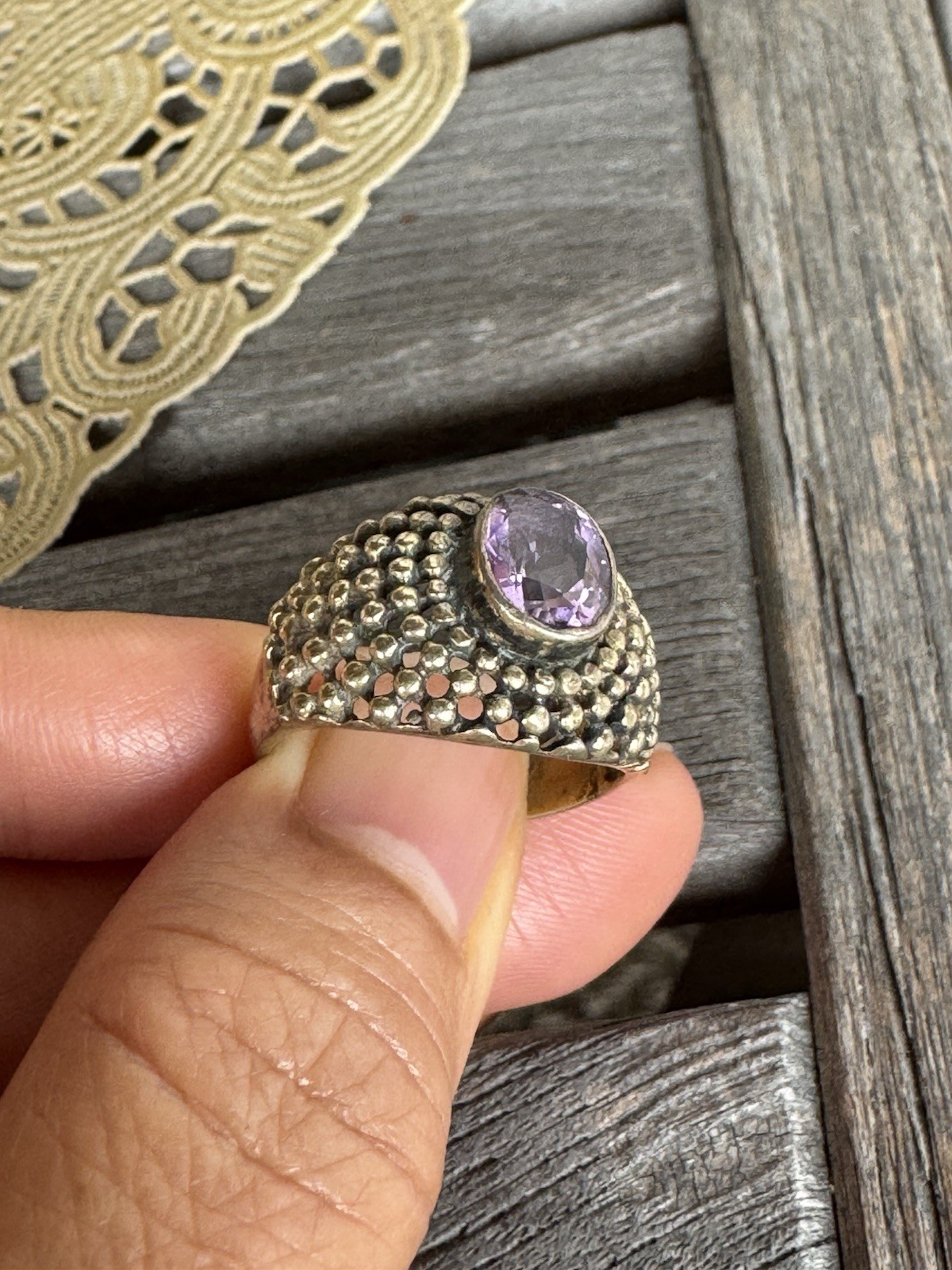 VINTAGE DECO AMETHYST STERLING Gold Over STERLING SILVER RING Sz 7.5 Signed NF