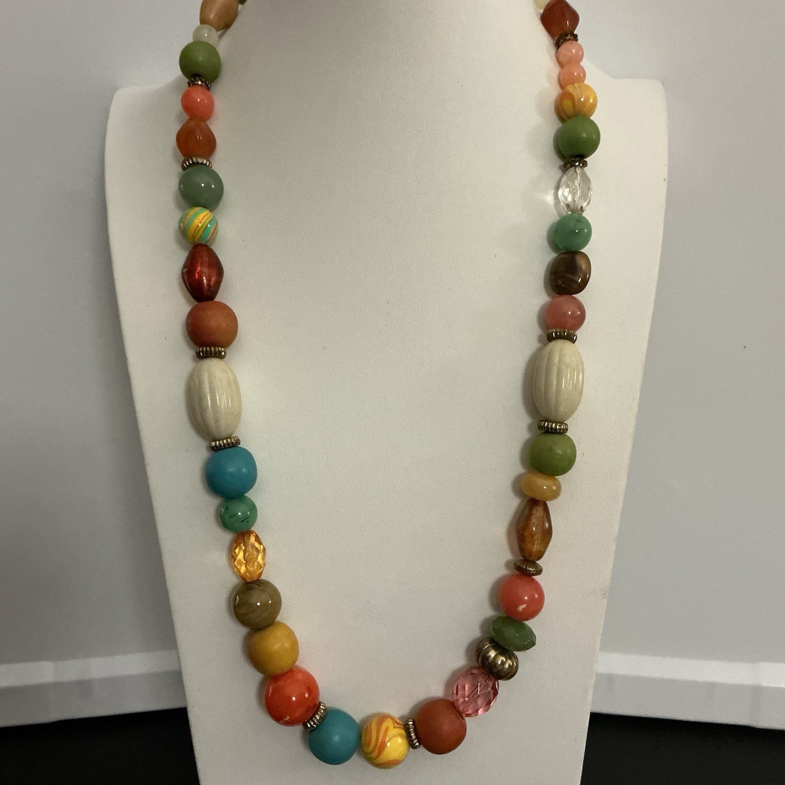 Vtg Necklace 28” Mixed Media Eclectic Beads Glass,Lucite,marble 80s Bohemian