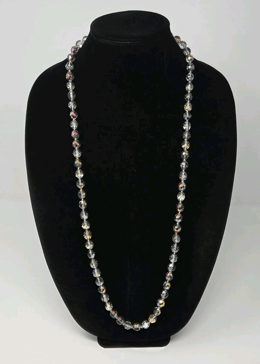 Mirrored AB Aurora Borealis Faceted Glass Necklace Vintage 36 Inches