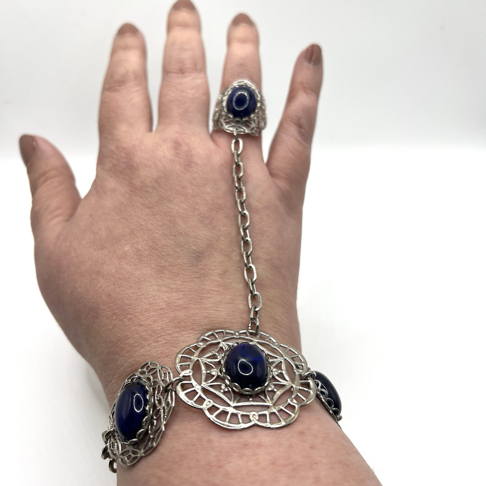 Adjustable Silver-Tone Filigree Blue Slave Ring Bracelet Gothic Boho