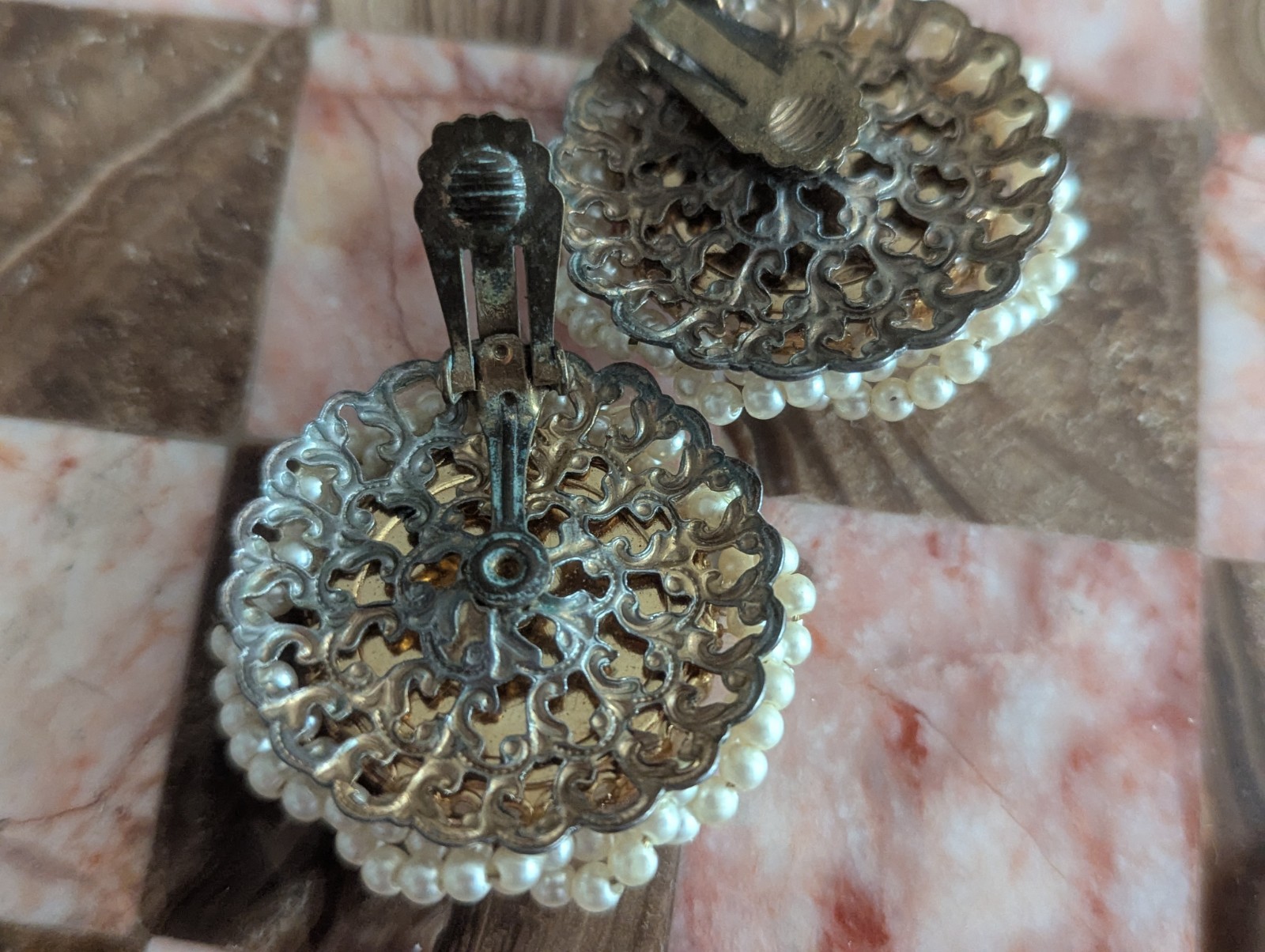 Miriam Haskell Large Pearl Ornate Cluster Statement Art Earrings Vtg Jewelry