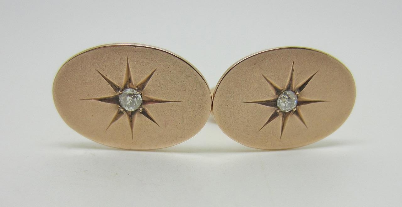 Vintage 10K Rose Gold Starburst Cufflinks with Old European Cut Diamond – LB2559