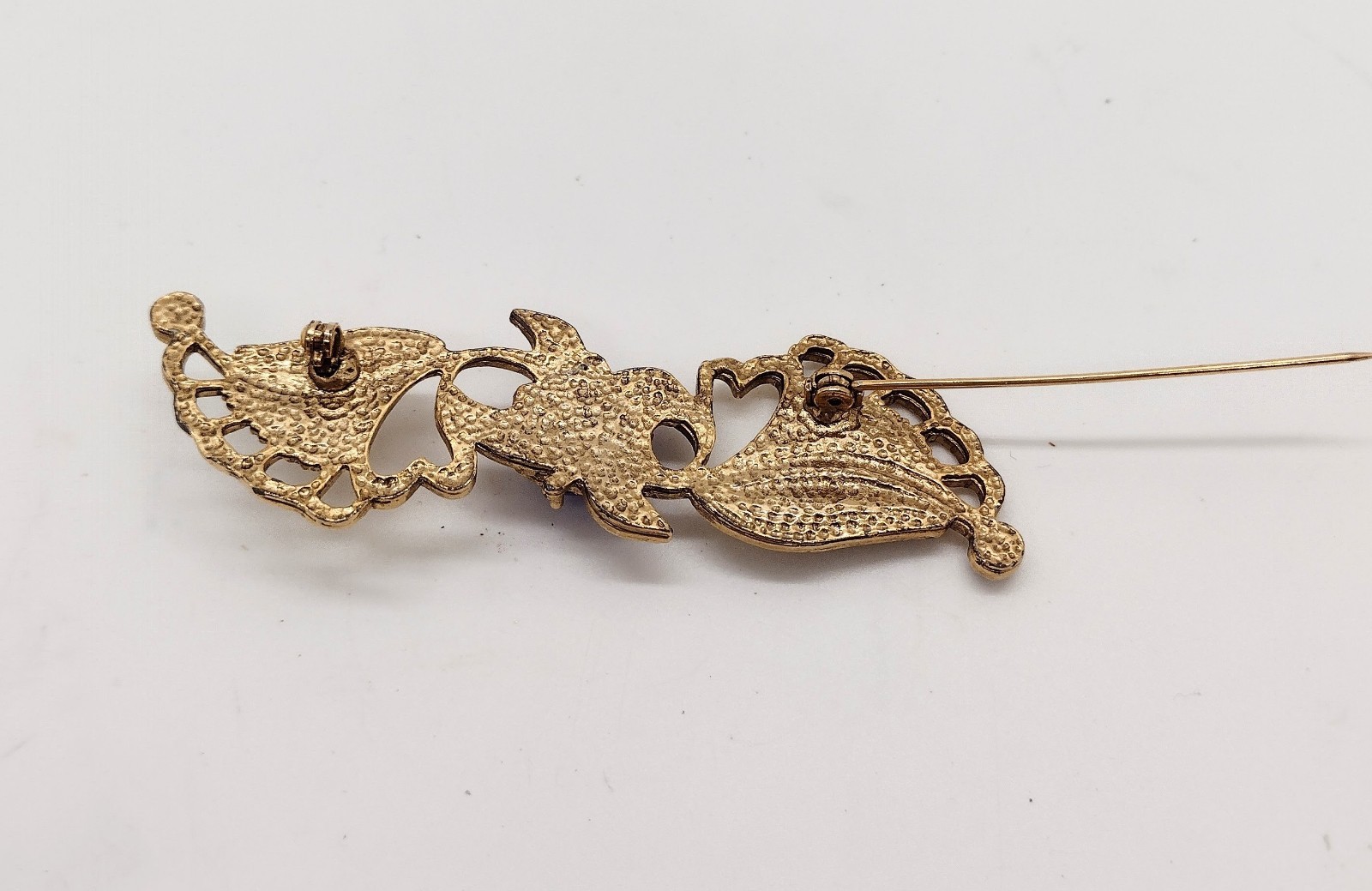 Vintage Gold Tone Cabochon Bar Brooch Pin Openwork Hearts Victorian Style