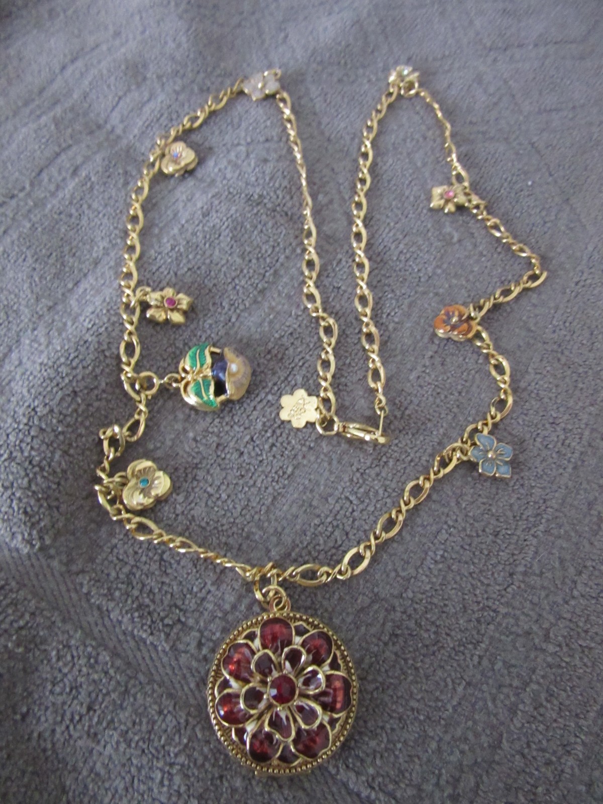 VTG Joan Rivers Victorian Language of Flowers Pansy Charm Locket Necklace EUC