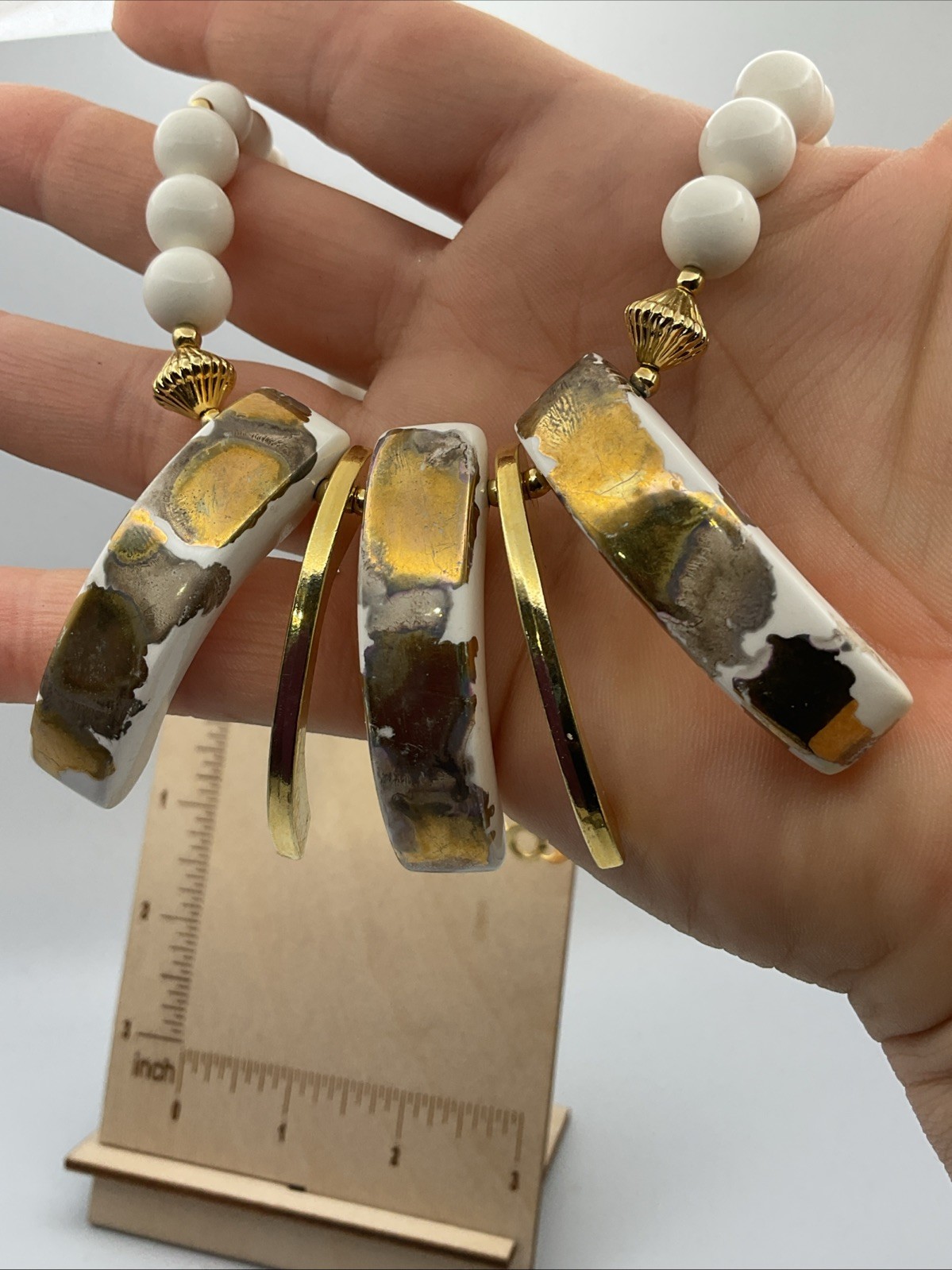 Vintage 60s-80s White & Gold-tone Chunky Bib Necklace/ Earring Set Marked Japan